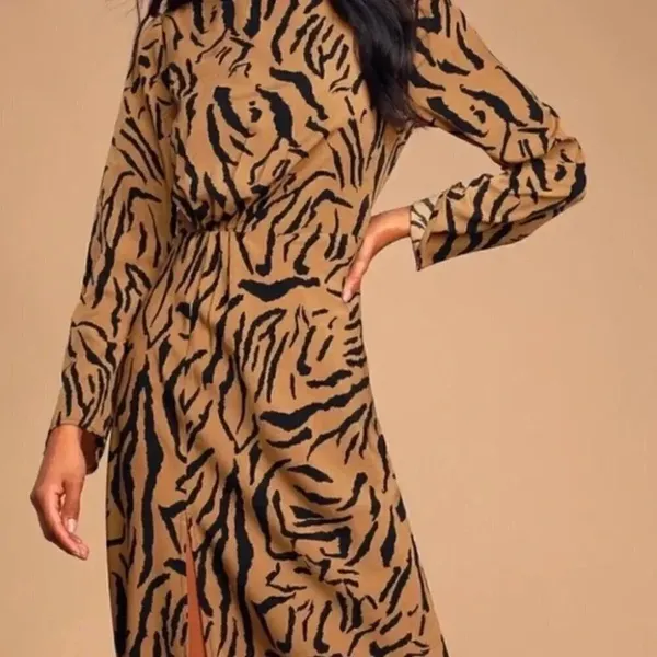 Lulus On the Prowl Tiger Print Long Sleeve Midi Dress Brown Black Size S - Image 6
