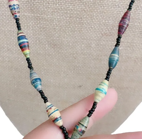 23” Handmade Beautiful Ugandan Paper Bead Necklace Toggle Closure - Image 3