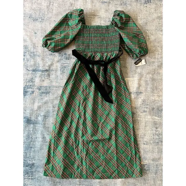 NWT! INC International Concepts Green Red Metallic Plaid Belted Midi Dress Small - Image 2
