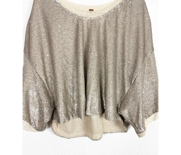 Free People Champagne Dreams Tee Small Neutral Gold Sequin Oversized Cropped - Image 9