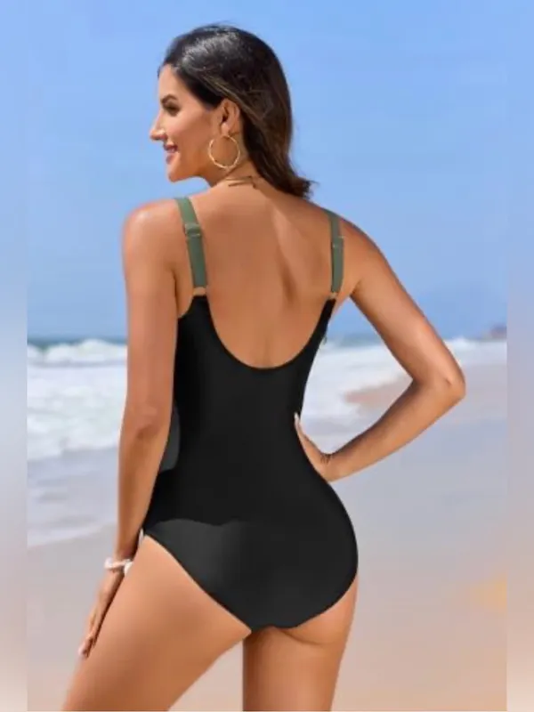 Olive & Black Twist-Front One-Piece Swimsuit - Image 2