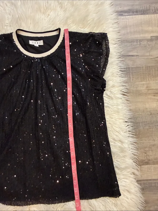 THML sequin flutter sleeve top blouse fully lined black M Size M - Image 7