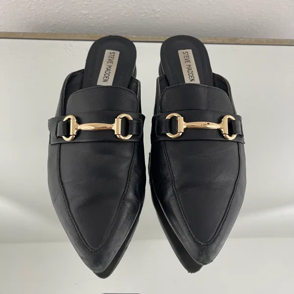 Black Leather Fortress Horse Bit Pointed Toe Slip On Loafer Mules - Image 8