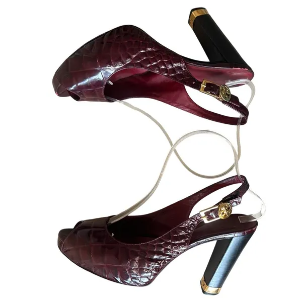 Tory Burch Allison Croc Patent Slingback Peep Toe‎ Block Heels 8 Bordeaux - Image 5