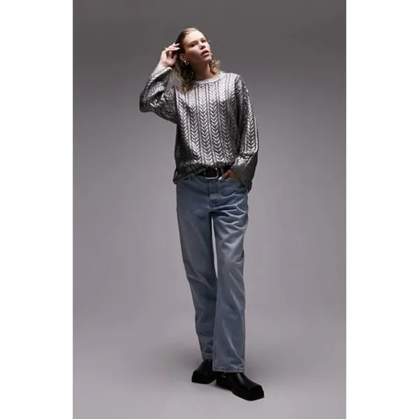 Topshop Premium Womens S Metallic Gray Chunky Knit Oversized Sweater Pullover - Image 4