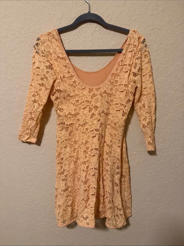 Free People Peach Lace Scoop-Neck Long Sleeve Dress - Image 2