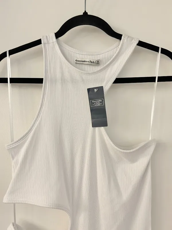 Abercrombie & Fitch Asymmetrical Cut Out Ribbed Bodycon Mini Dress in White NWT - Image 3