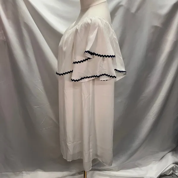 Entro‎ White Off the Shoulder Dress Womens Small Relaxed Blue Trim Flowy - Image 7
