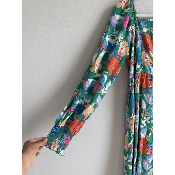 PRETTYGARDEN Green Tropical Floral Maxi Dress Smocked Cuff Square‎ Neck Boho M - Image 6