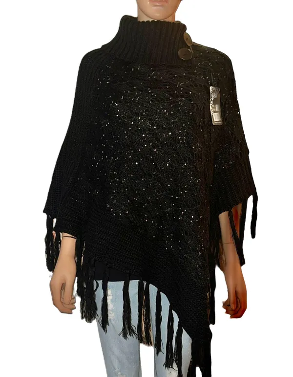 Sequined Fringe Turtleneck Poncho Black - Image 2