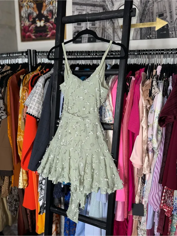 Selfie Leslie Sheri Embellished Chiffon Olive Wrap Mini Dress Medium New NWT - Image 11