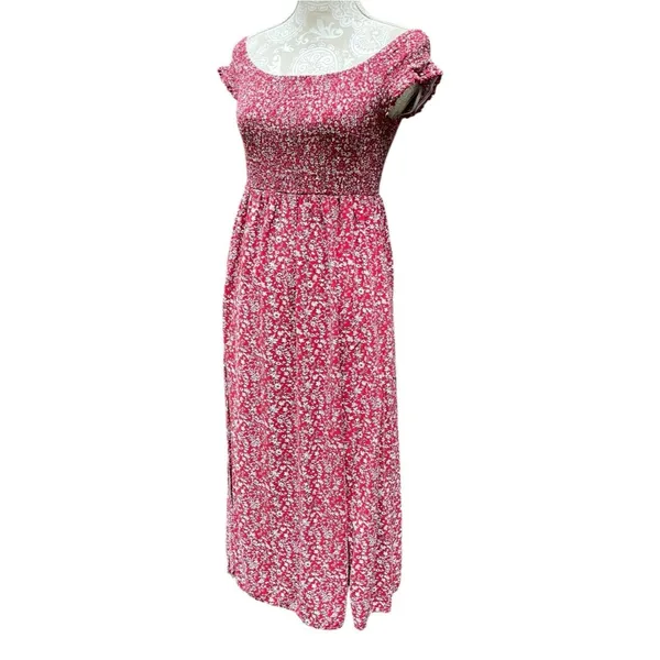 Cottagecore Boho Off Shoulder smocked Floral Maxi Dress Beach Slit Red white M/L - Image 3