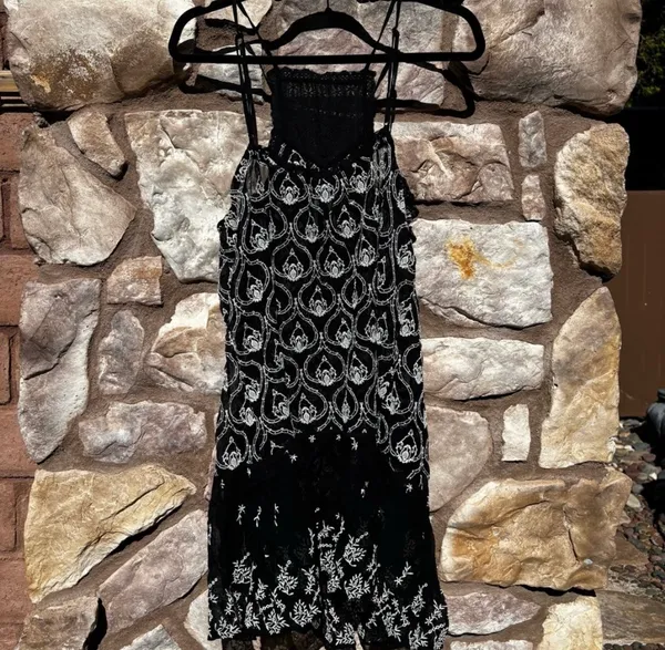 By Anthropologie Sheer Embroidered Mini Dress Black White Size Medium - Image 7