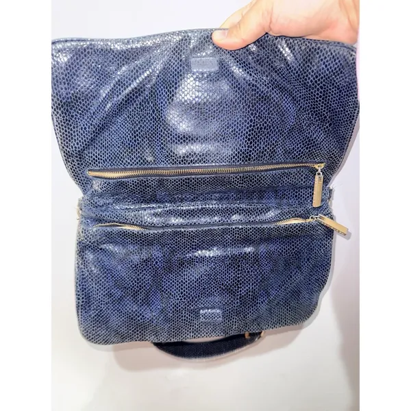Tory Burch Reva Clutch Blue Leather‎ Snakeskin Print Chain Handbag Bag L - Image 9