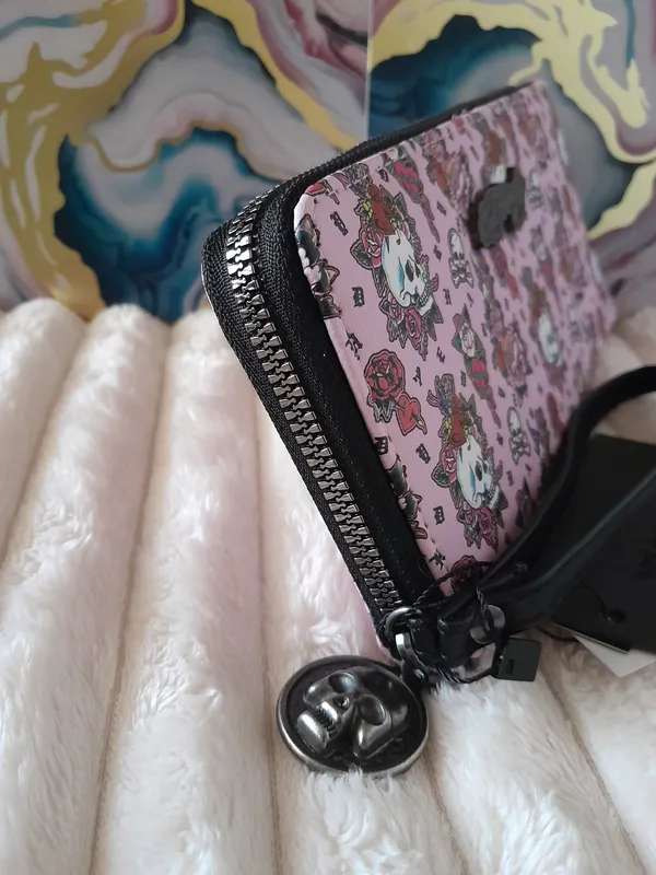 Ed Hardy Y2K Skull Roses Tattoo Wristlet Zip Around Wallet - Image 3