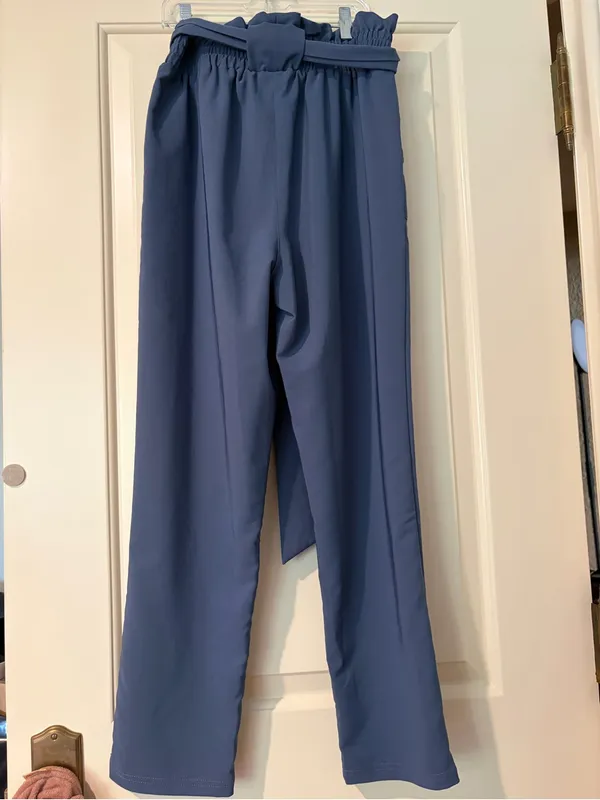 Grace Karin Slate Blue Paperbag Waist Straight-Leg Pants Size S - Image 3