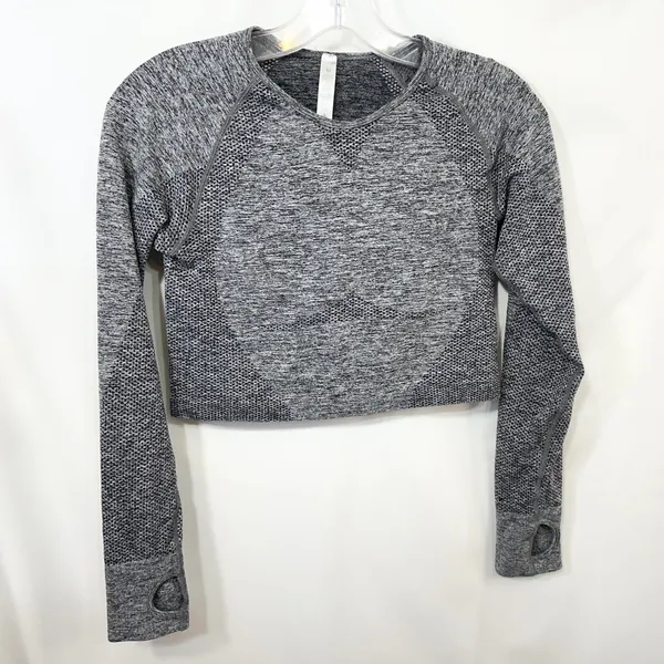 Seamless Workout‎ Set Gray Activewear Long Sleeve Crop Top Leggings TikTok 779 - Image 2