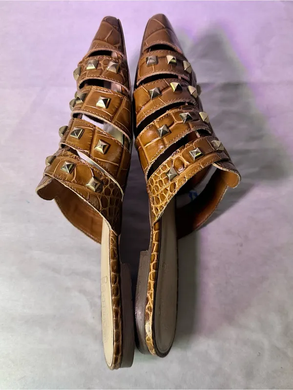 Vince Camuto Cognac Braided Leather Slide Mules with Gold Studs - Image 6