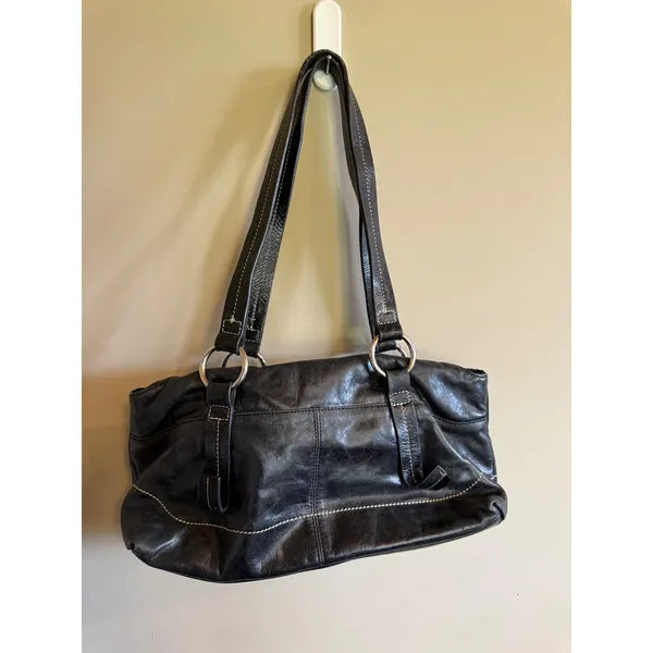 Kate Landry Black Leather Shoulder Bag Hobo Purse Silver‎ Ring Accents - Image 4