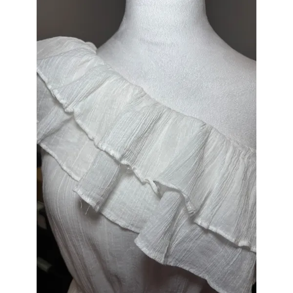 Boston Proper White One Shoulder Ruffle Midi Dress 12‎ Cotton Tiered - Image 4