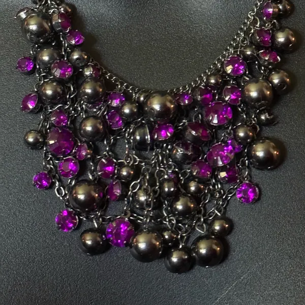 Gunmetal purple stone cluster bib necklace - Image 3