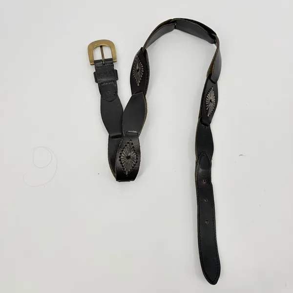 Boho Black Leather Embroidered Concho Womens Belt Sz Small Brass Buckle Western - Image 3