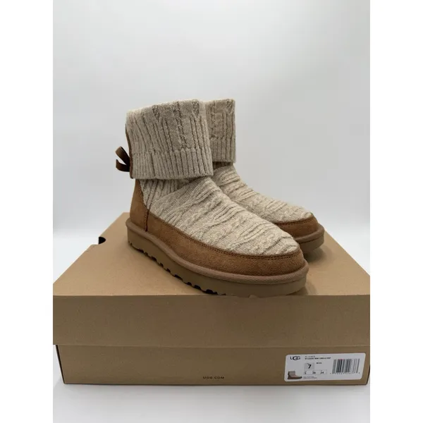 Women's UGG Classic Mini Cabelle Chestnut Suede/Knit Boot Sz 7 New In Box - Image 3