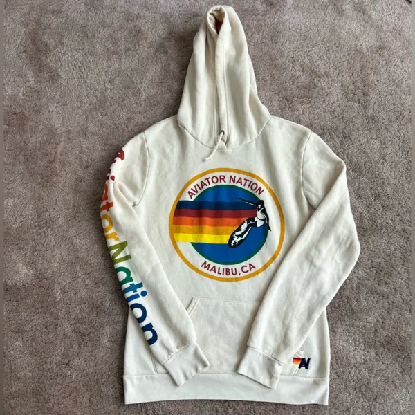 Aviator Nation Vintage White Cream Malibu Logo Drawstring Hoodie Medium - Image 2