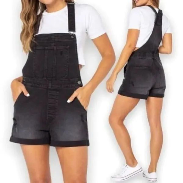 Black Distressed Juniors Short Overalls - Image 2