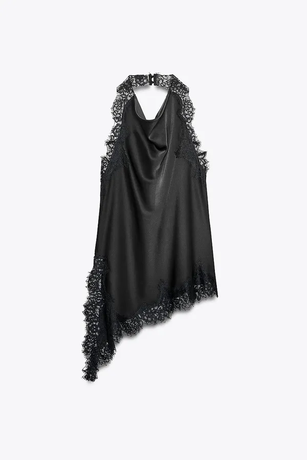 Zara elegant Black Satin Lace-Trim Halter Top - Image 14