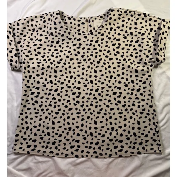Melloday Dalmatian Print Short Sleeve Blouse Cream‎ Black Zip Back Small - Image 2