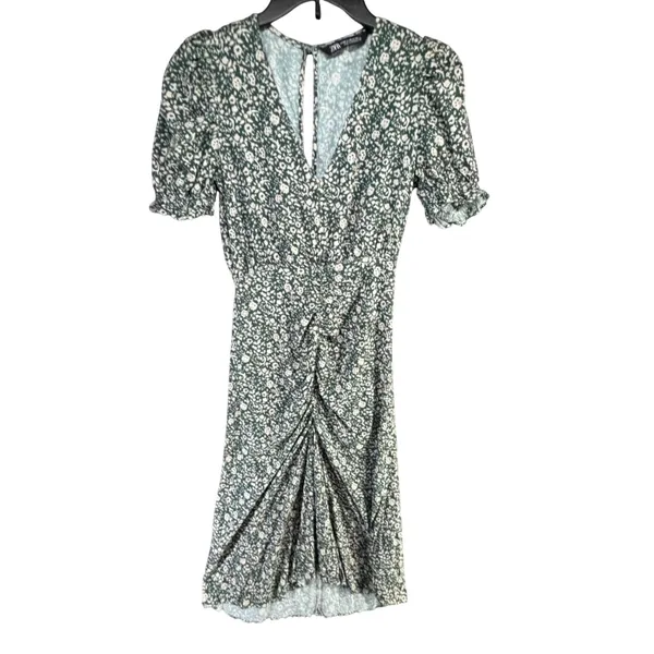 Zara Floral Green‎ Gathered Midi Dress V-Neck Puff Sleeve Cottagecore Prairie XS - Image 2