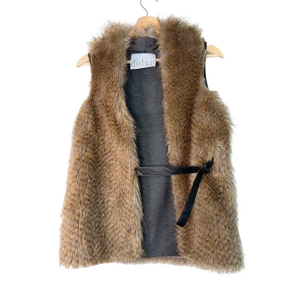 Dolan Faux Fur Vest Women Small Brown Tan Belted Sleeveless Mob wife Boho‎ - Image 2