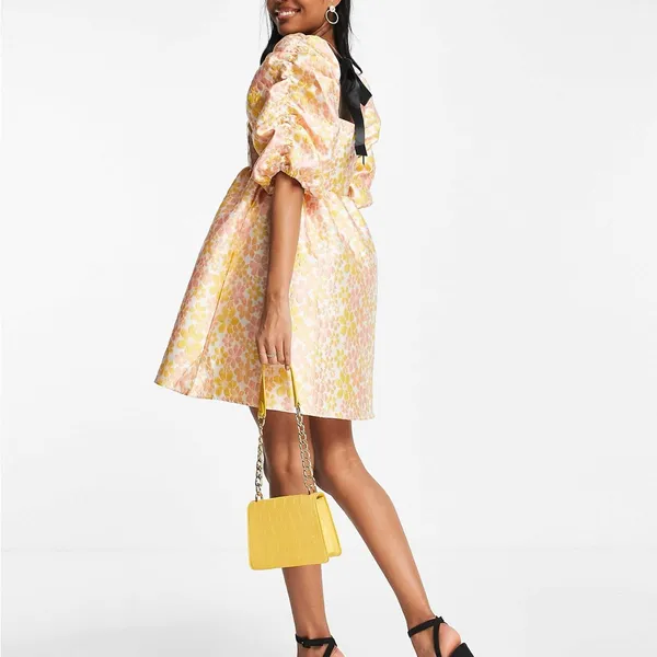Pieces Premium Embroidered Puff Sleeve Mini Dress with Open Tie Back size medium - Image 2