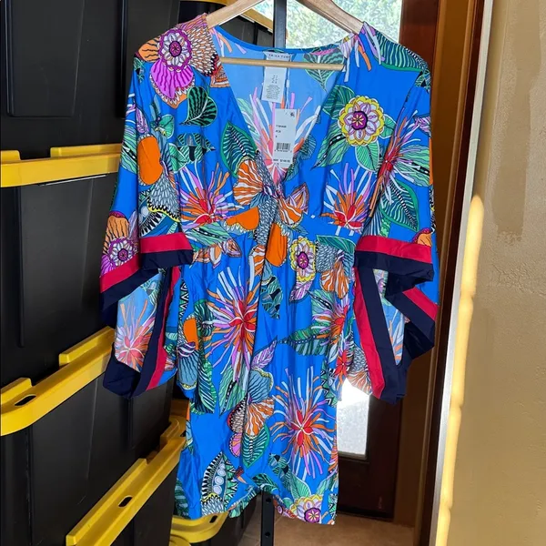 NWT Trina Turk Tahiti Cover-Up Dress Size Small Blue Tropical Print Tunic Resort - Image 4