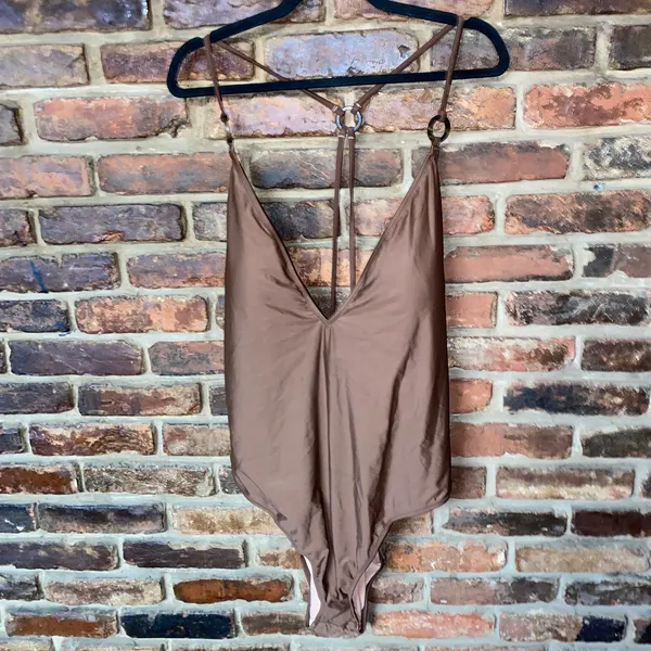 NWT J. Crew Brown O-ring V-neck One-Piece Swim Bathing Suit Women's Size 24 - Image 3