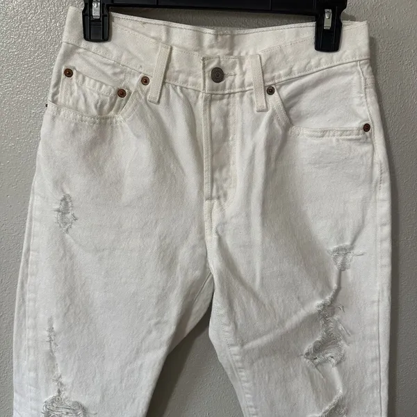 Levis 501 Jeans White Distressed Button Fly Women's Size‎ 26x30 Straight Raw Hem - Image 2