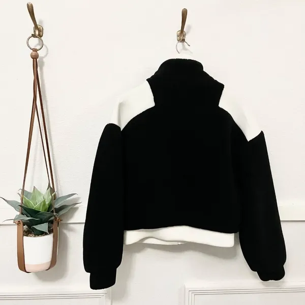 ZARA Contrast Pocket Fleece Jacket Black White Leopard Size M - Image 7