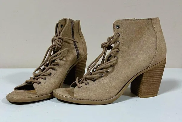 Beige Tan Suede Lace-Up Open-Toe Heels Pumps Sandals Shoes Size 9 🤎✨ - Image 4