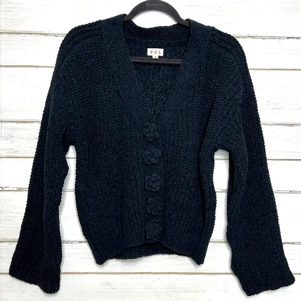 POL Chunky Knit Cardigan Sweater Small Black Flower Button Front Boho Textured - Image 2