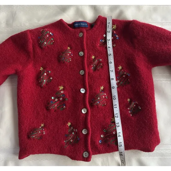 Karen Scott Red 100% Wool VintageCardigan Sweater Sequin Embroidered Tree M Crew - Image 6