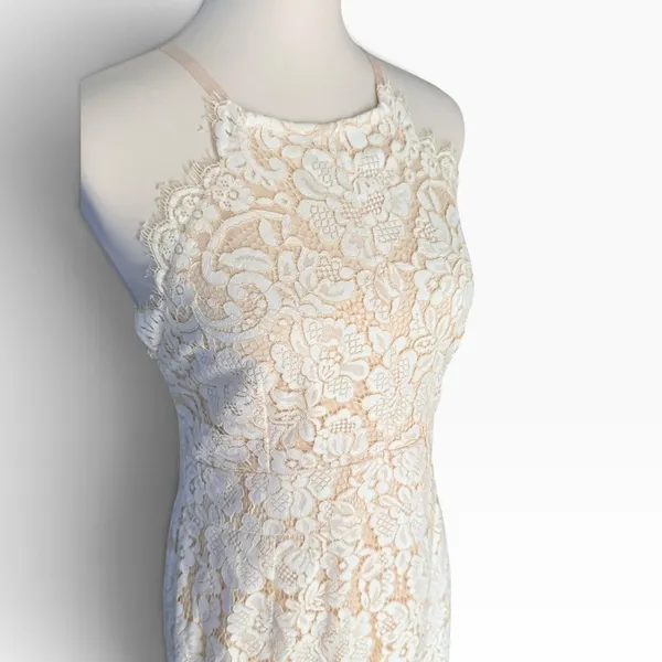 Dress Forum L Ivory Lace Open Back Cocktail Occasion Dress Wedding Halter Mini - Image 3