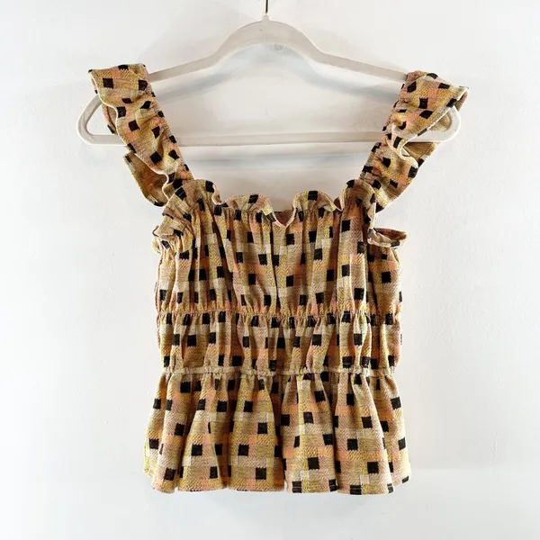Anthropologie Eva Franco Ruffle Strap Check Peplum Tank Top Tan Black XS - Image 2