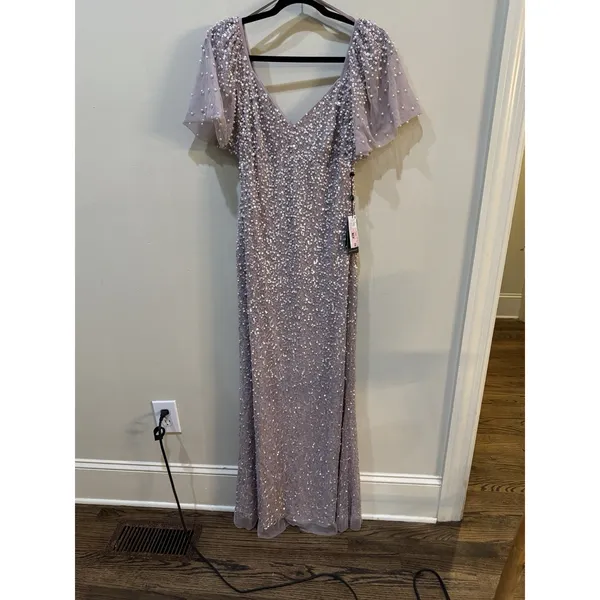 ADRIANNA PAPELL Pink Beaded Mesh Maxi Dress Size 6 Maxi - Image 5