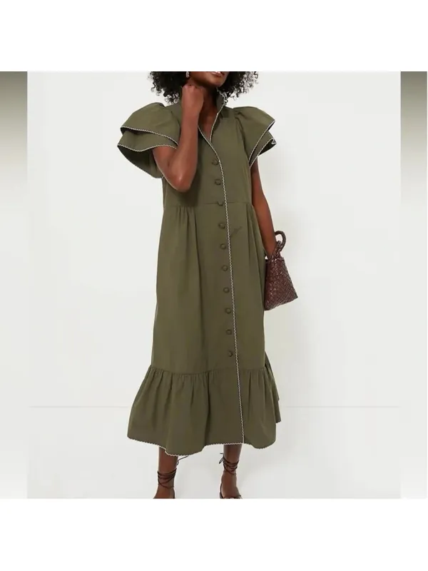 Tuckernuck Olive Green Alice Button Front Midi Dress Collar V Neck Scallop S - Image 4