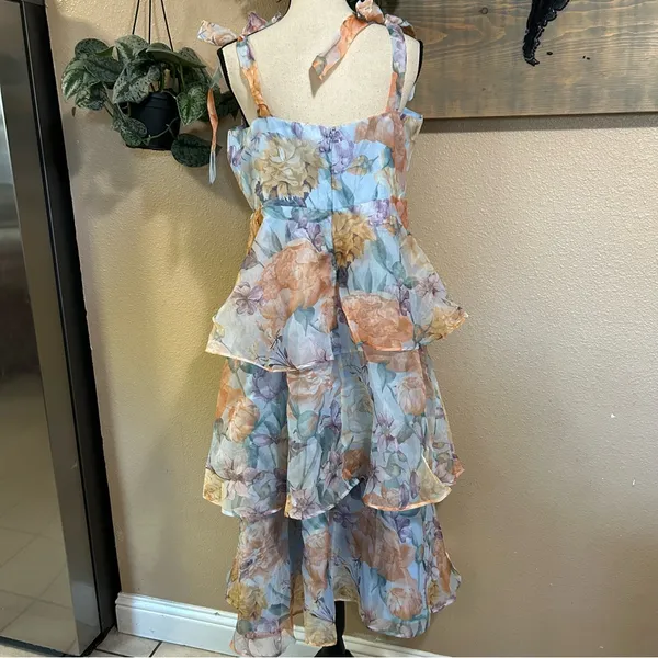 NWT Lulus Playfully Posh Blue Floral Organza Tie-Strap Tiered Midi Dress - Image 5