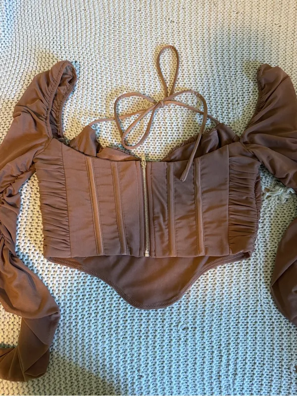 White Fox Boutique Brown Ruched Mesh Corset Crop Top - Image 3