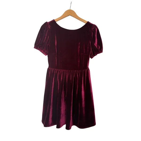 Lush Burgundy Velvet Puff Sleeve Mini Dress with Back Bow Size 8 NEW‎ - Image 4