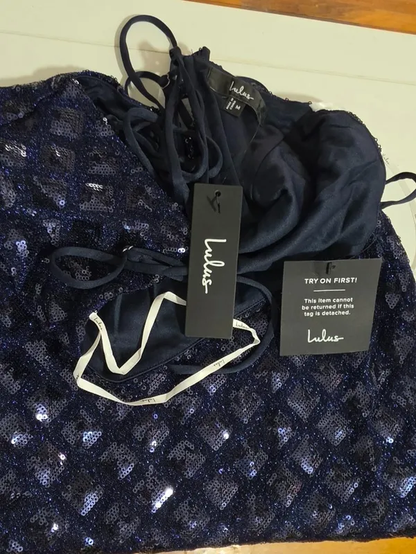 Lulus Shimmering Vibes Lurex Sequin Lace Up Mini Dress - Navy Blue - Size M - Image 11