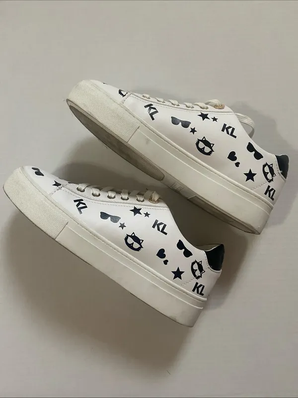 Karl Lagerfeld White Sneakers with Black Heart & Star Print - Image 2
